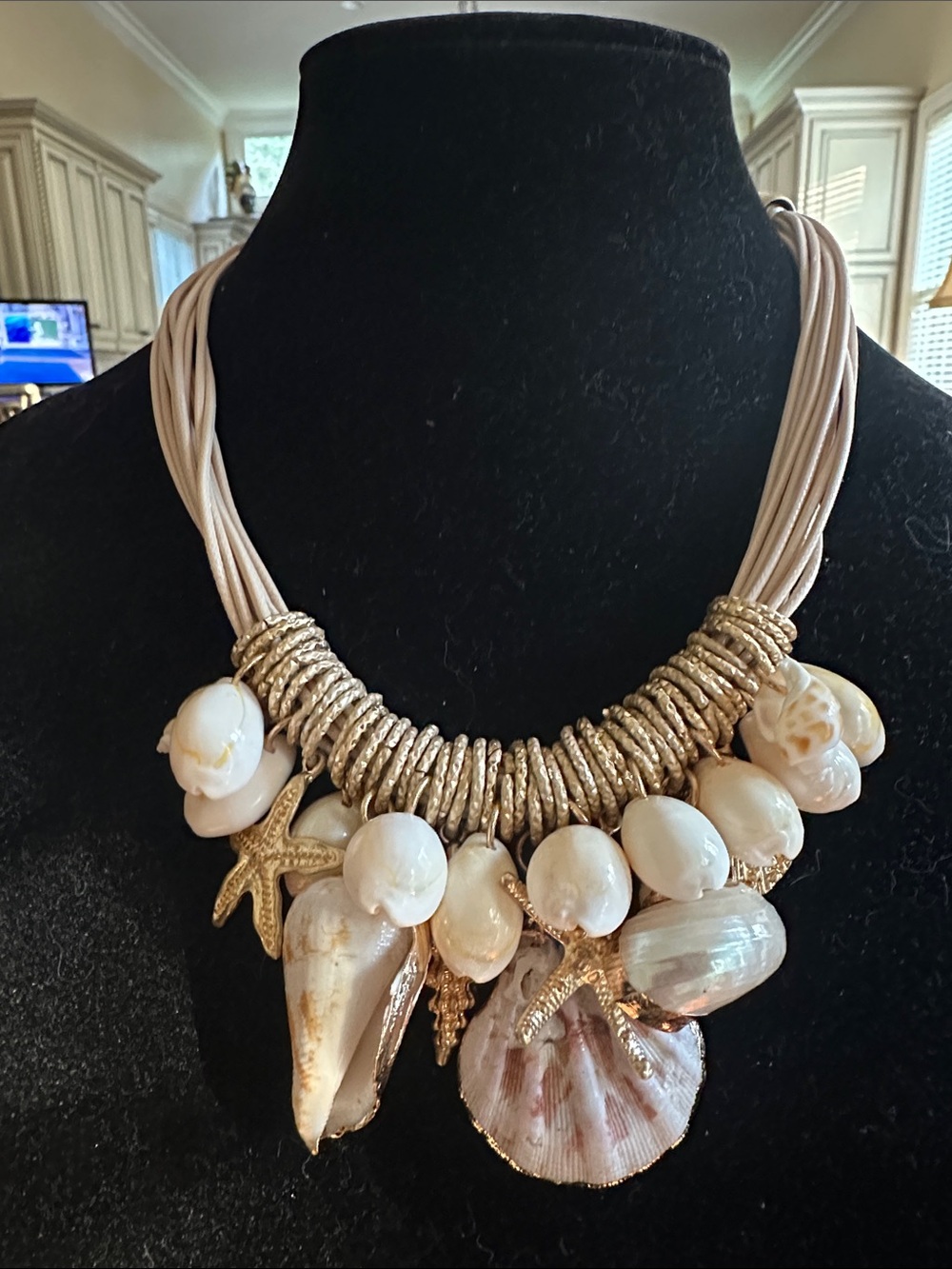 Coastal Shell Statement Necklace in Cream and Gold